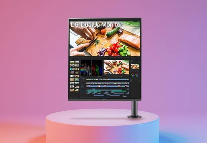 A 27.6” 16:18 LG DualUp ergonomic eye-friendly monitor with Ergo Stand