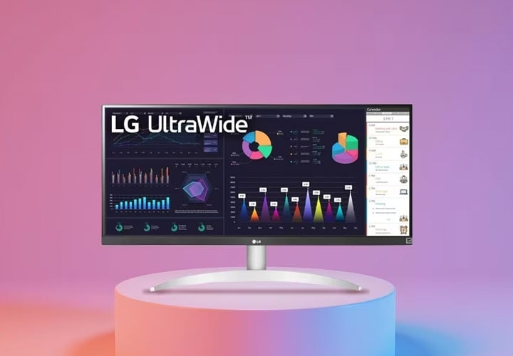 A 34” LG 21:9 UltraWide Full HD IPS monitor with blue light filter