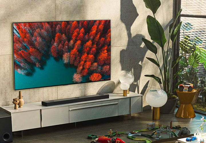 An image of a man and women sitting on the sofa watching LG OLED TV CX