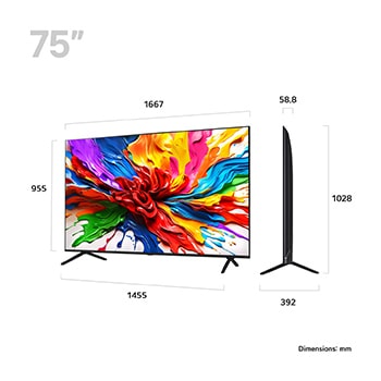 Front view and side view of LG QNED evo AI QNED92 4K Smart TV showing its length, width, height, and depth dimensions.