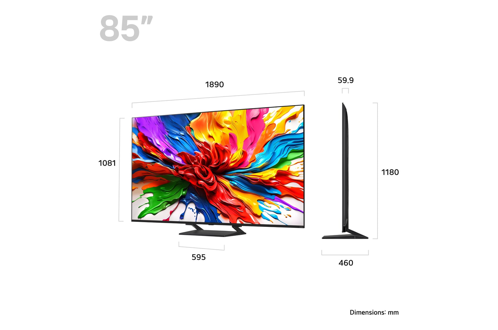 Front view and side view of LG QNED evo AI QNED92 4K Smart TV showing its length, width, height, and depth dimensions.