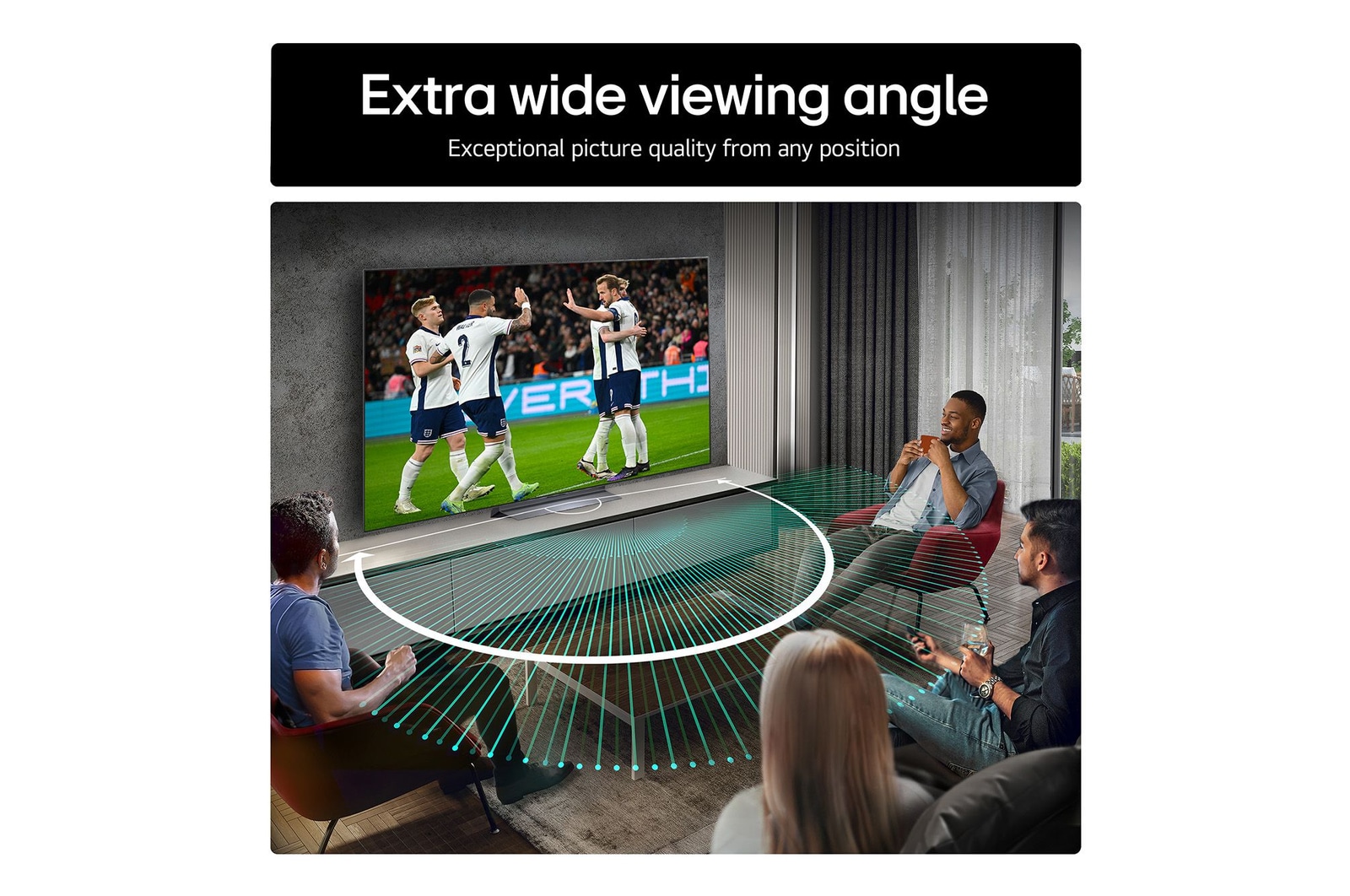 Living room space with a wall-mounted LG OLED TV. On the TV is a mountain range against a dark evening sky filled with stars. This scene is split in half. One side shows a duller, grayer version of the landscape labeled, Non Perfect Black display. On the other side is a more pleasing picture with a larger dynamic range of blacks and whites. 