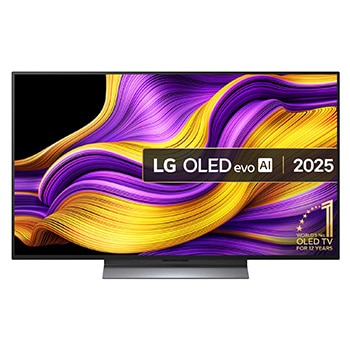 Front view of LG OLED evo AI G5 4K Smart TV. 12 Years of world number 1 OLED emblem and LG OLED evo AI 2025 logo are on the screen.