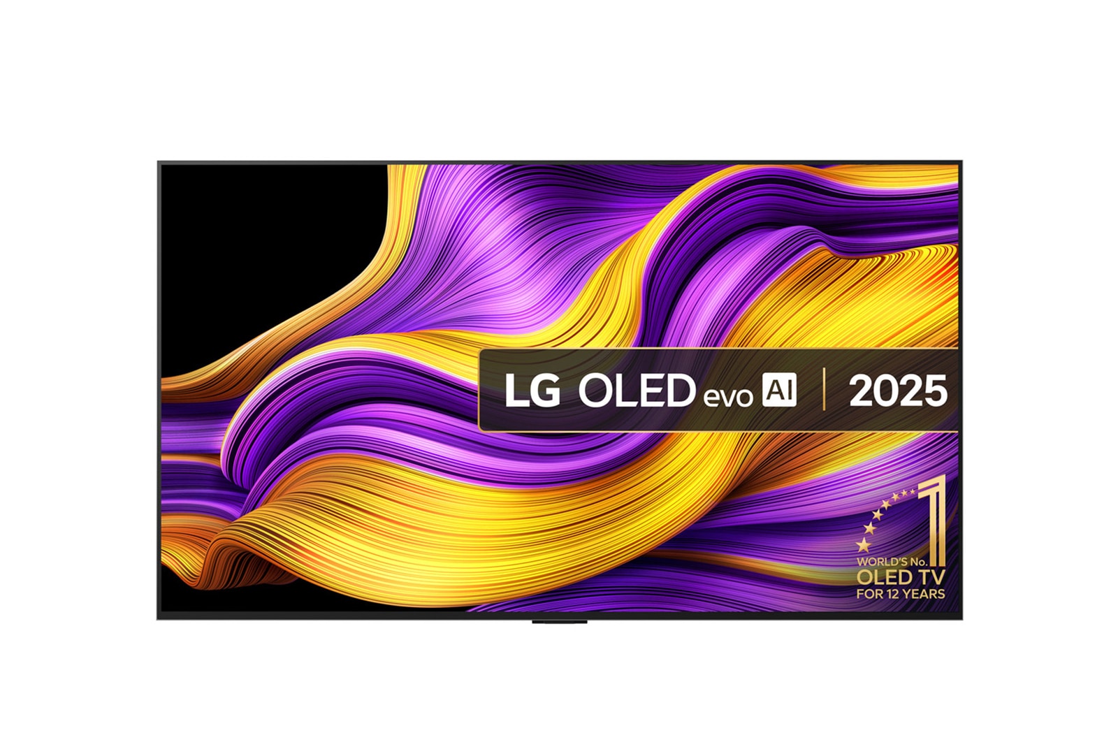 Front view of LG OLED evo AI G5 4K Smart TV. 12 Years of world number 1 OLED emblem and LG OLED evo AI 2025 logo are on the screen.