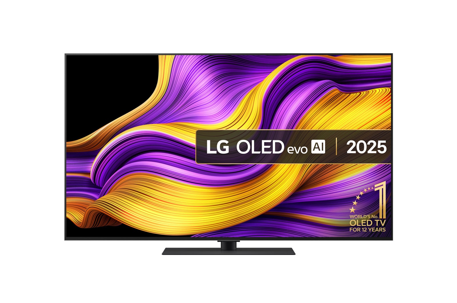 Front view of LG OLED evo AI G5 4K Smart TV. 12 Years of world number 1 OLED emblem and LG OLED evo AI 2025 logo are on the screen.