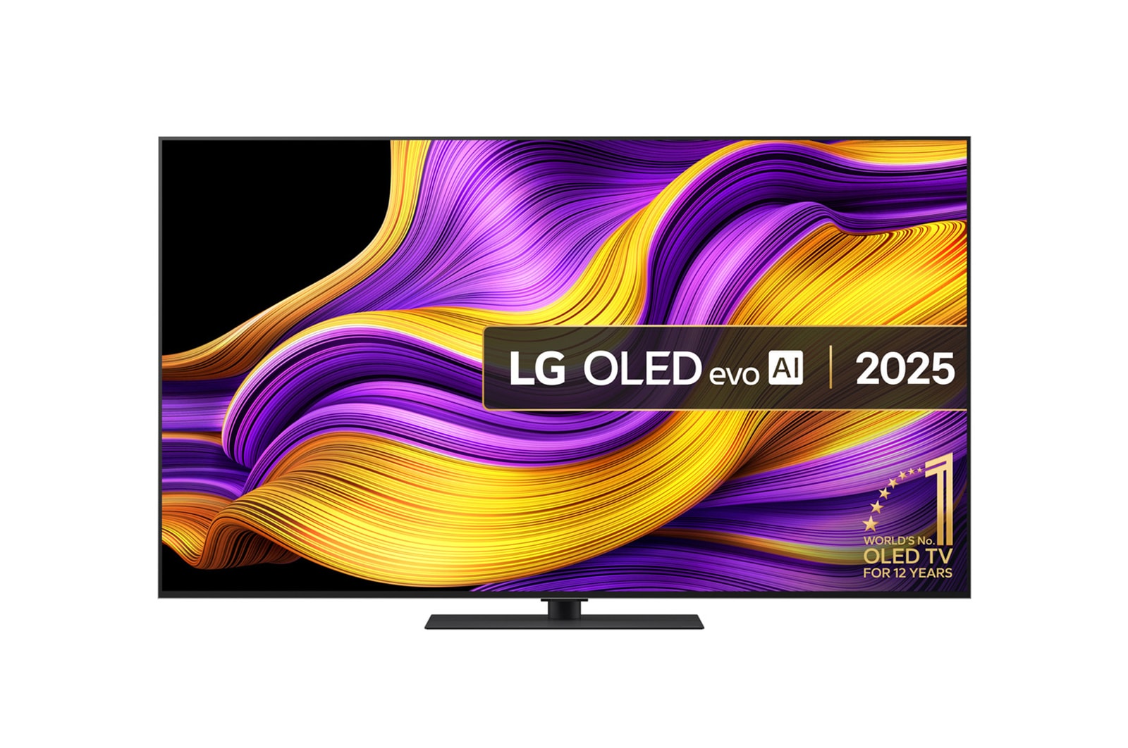 Front view of LG OLED evo AI G5 4K Smart TV. 12 Years of world number 1 OLED emblem and LG OLED evo AI 2025 logo are on the screen.