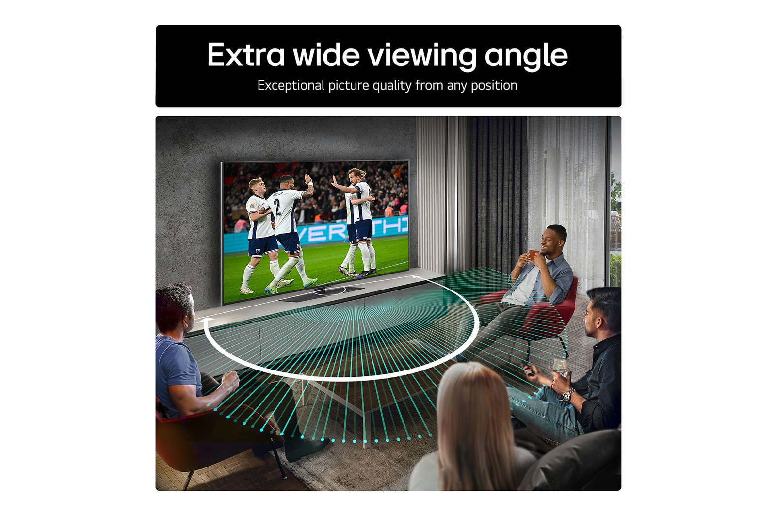 Living room space with a wall-mounted LG OLED TV. On the TV is a mountain range against a dark evening sky filled with stars. This scene is split in half. One side shows a duller, grayer version of the landscape labeled, Non Perfect Black display. On the other side is a more pleasing picture with a larger dynamic range of blacks and whites. This is labeled, Perfect Black display. Logo certification is also visible, Perfect Black Technology delivers black levels less than or equal to 0.24 nit up to 500 lux. 