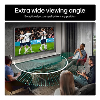 Living room space with a wall-mounted LG OLED TV. On the TV is a mountain range against a dark evening sky filled with stars. This scene is split in half. One side shows a duller, grayer version of the landscape labeled, Non Perfect Black display. On the other side is a more pleasing picture with a larger dynamic range of blacks and whites. 