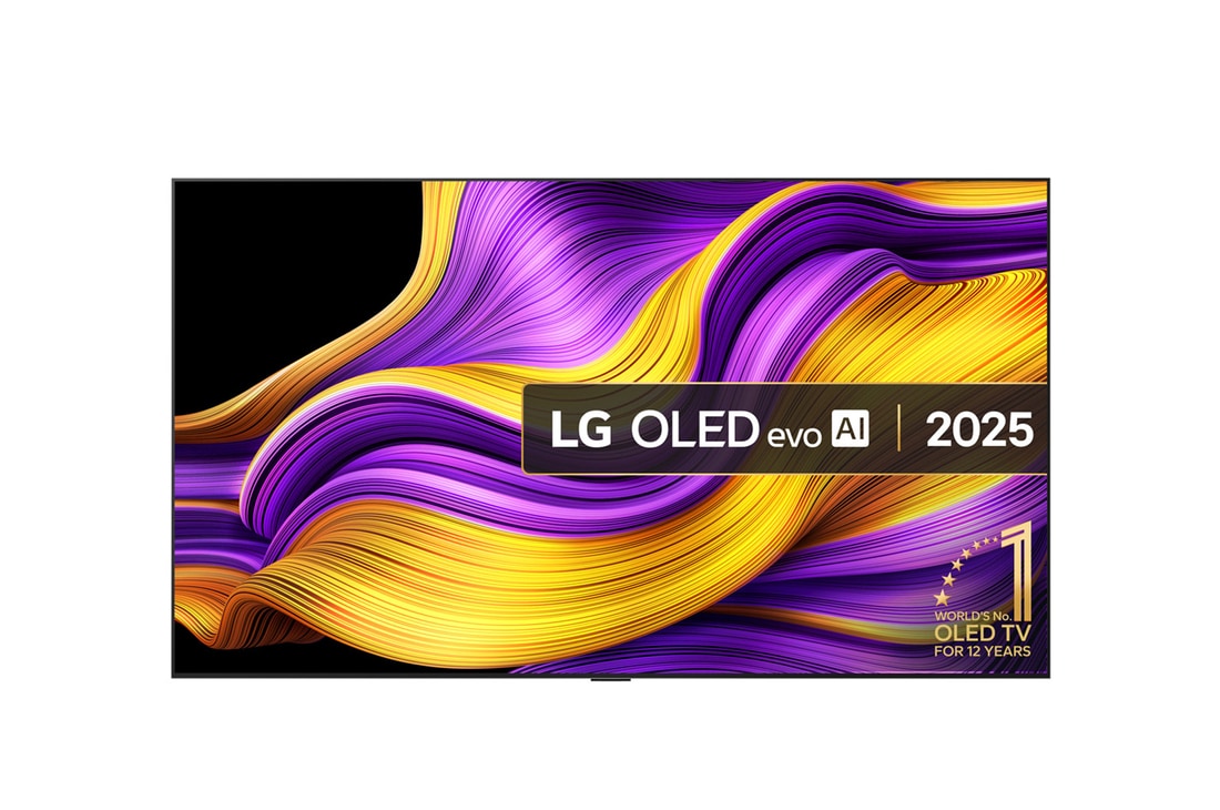 Front view of LG OLED evo AI G5 4K Smart TV. 12 Years of world number 1 OLED emblem and LG OLED evo AI 2025 logo are on the screen.