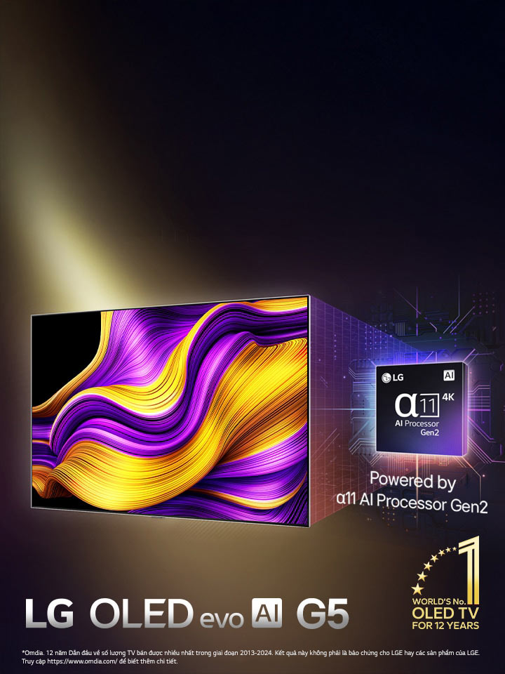 Trên màn hình TV LG OLED evo AI chi?u hình ?nh tr?u t??ng v?i chi ti?t, màu s?c và ?? t??ng ph?n ?n t??ng. Phiên b?n B? x? ly AI alpha 11 Gen2 phóng to phía sau TV. B? x? ly phát sáng t?a ra các m?ch vi m?ch xung quanh. Tiêu ?? hi?n th? LG OLED evo AI. Hi?n th? dòng ch?: ???c h? tr? b?i b? x? ly LG AI alpha 11 Gen2. Logo màu vàng có các ng?i sao n?m ? góc cùng dòng ch?: OLED TV s? 1 th? gi?i trong 12 n?m.