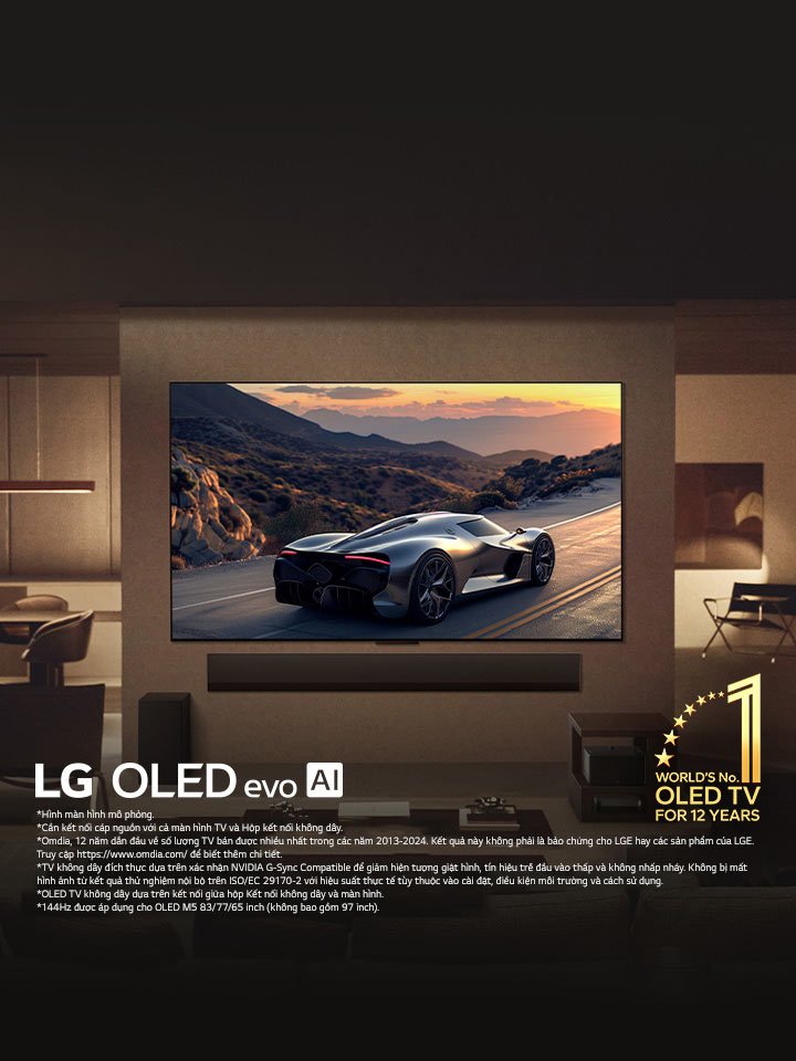 Phòng khách sang tr?ng v?i TV LG OLED evo M5 g?n trên t??ng. LG Soundbar bên d??i. H?p k?t n?i kh?ng day ???c ?n gi?u bên d??i chi?c bàn ph?. Kh?ng có day nào hi?n h?u, th? hi?n c?ng ngh? True Wireless c?a TV. Bi?u t??ng OLED TV s? m?t th? gi?i trong 12 n?m và logo LG OLED evo AI có th? nhìn th?y ???c. 