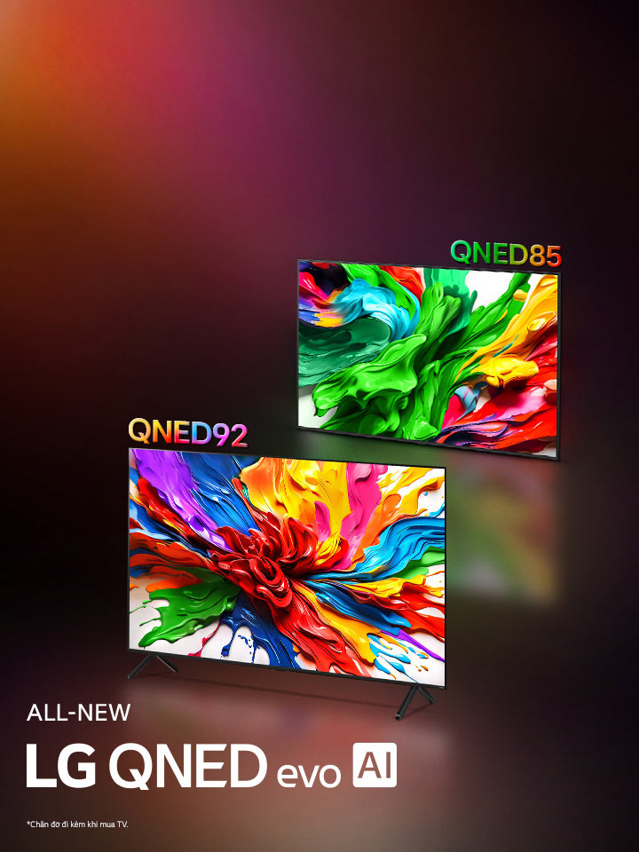 LG TV v?i các tác ph?m ngh? thu?t ??y màu s?c làm n?i b?t c?ng ngh? tái t?o màu s?c r?c r? và s?ng ??ng m?i c?a LG QNED trên màn hình. Logo LG QNED evo AI HOàN TOàN M?I c?ng có m?t.