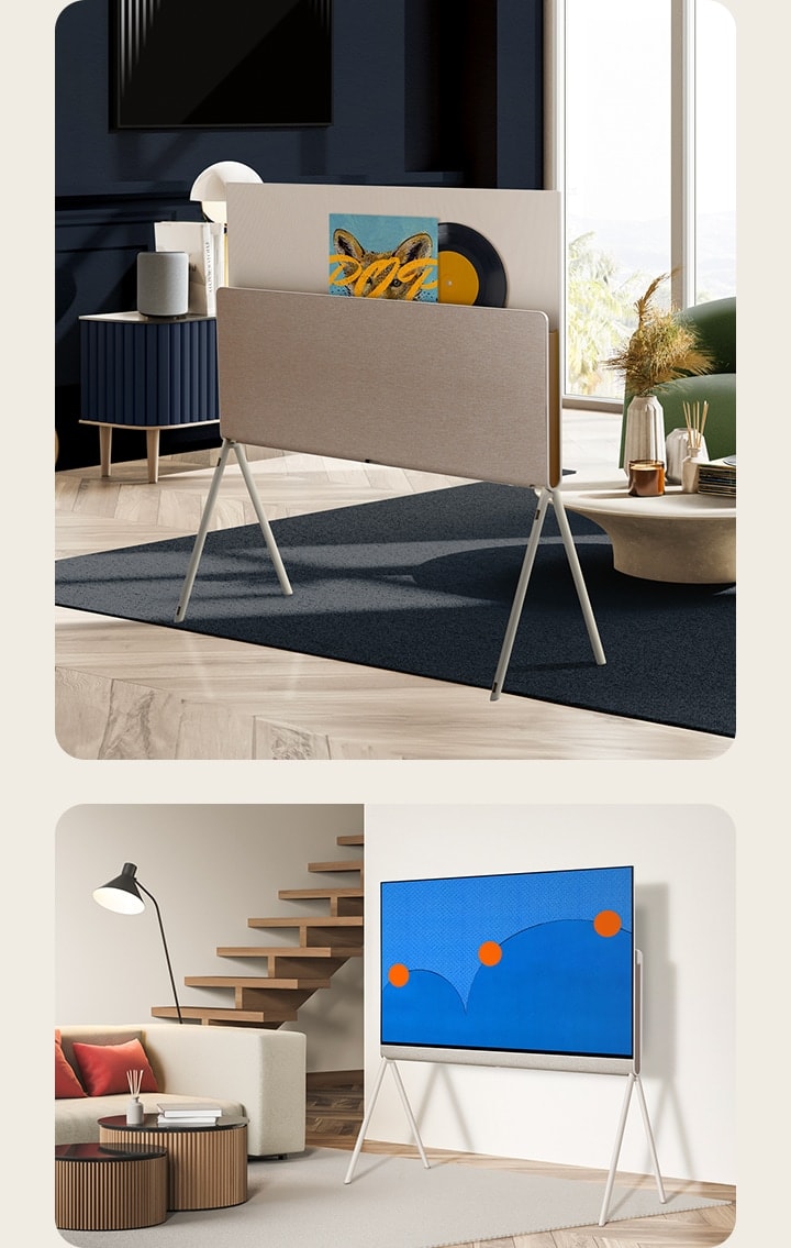 Hai kh?ng gian s?ng khác nhau. ? kh?ng gian này có th? th?y hình ?nh m?t sau trang nh? c?a LG OLED Objet Collection Posé TV. ? kh?ng gian kia là m?t tr??c TV hi?n th? hình ?nh ngh? thu?t trên màn hình.