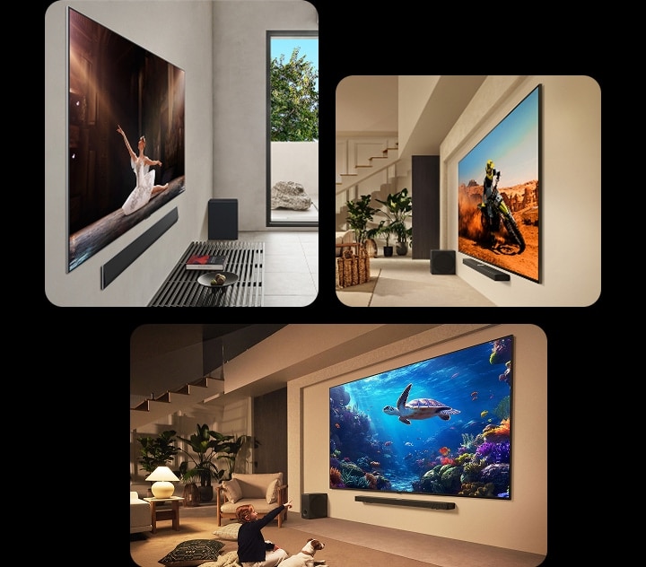 Phòng khách khác nhau có LG TV siêu l?n treo t??ng khác nhau. Trong m?i c?n phòng này, TV siêu l?n ???c ghép n?i v?i LG Soundbar.