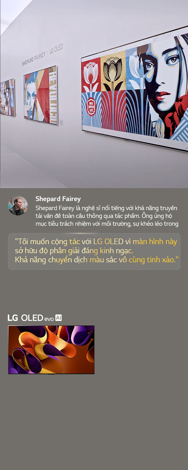 Tri?n l?m Shepard Fairey x LG OLED ???c gi?i thi?u. B?n có th? xem m? t? v? Frieze Los Angeles 2024 và ngh? s?. LG OLED evo AI c?ng xu?t hi?n. Cau trích d?n c?a Shepard Fairey ???c làm n?i b?t: T?i mu?n c?ng tác v?i LG OLED vì màn hình này s? h?u ?? phan gi?i ?áng kinh ng?c. Kh? n?ng chuy?n d?ch màu s?c v? cùng tinh x?o. 