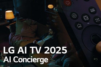 Tiêu ?? hi?n th? là LG AI TV 2025, Al Concierge. ?i?u khi?n t? xa Magic c?a LG Al hi?n th?. M?t ng??i ?àn ?ng ng?i trên gh? dài.