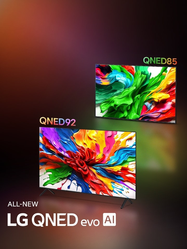 Hai m?u TV LG QNED92 và LG QNED85 ??t c?nh nhau, hi?n th? nh?ng tác ph?m ngh? thu?t r?c r?, th? hi?n c?ng ngh? tái t?o màu s?c s?ng ??ng c?a LG QNED. Logo ALL-NEW LG QNED evo AI c?ng xu?t hi?n trên màn hình.
