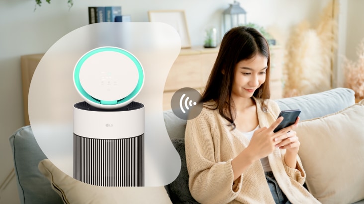  Máy l?c kh?ng khí LG k?t n?i Wi-Fi, cho phép ?i?u khi?n và giám sát d? dàng qua ?ng d?ng LG ThinQ trên ?i?n tho?i.