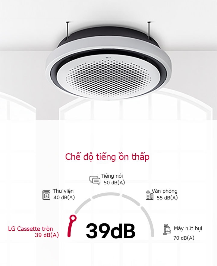 LG Cassette tròn l?p trên tr?n th? vi?n n?i b?t v?i ?? ?n th?p là 39 dB, yên t?nh h?n so v?i th? vi?n ? m?c 40 dB, ly t??ng cho các m?i tr??ng ?òi h?i ?? nhi?u am t?i thi?u.