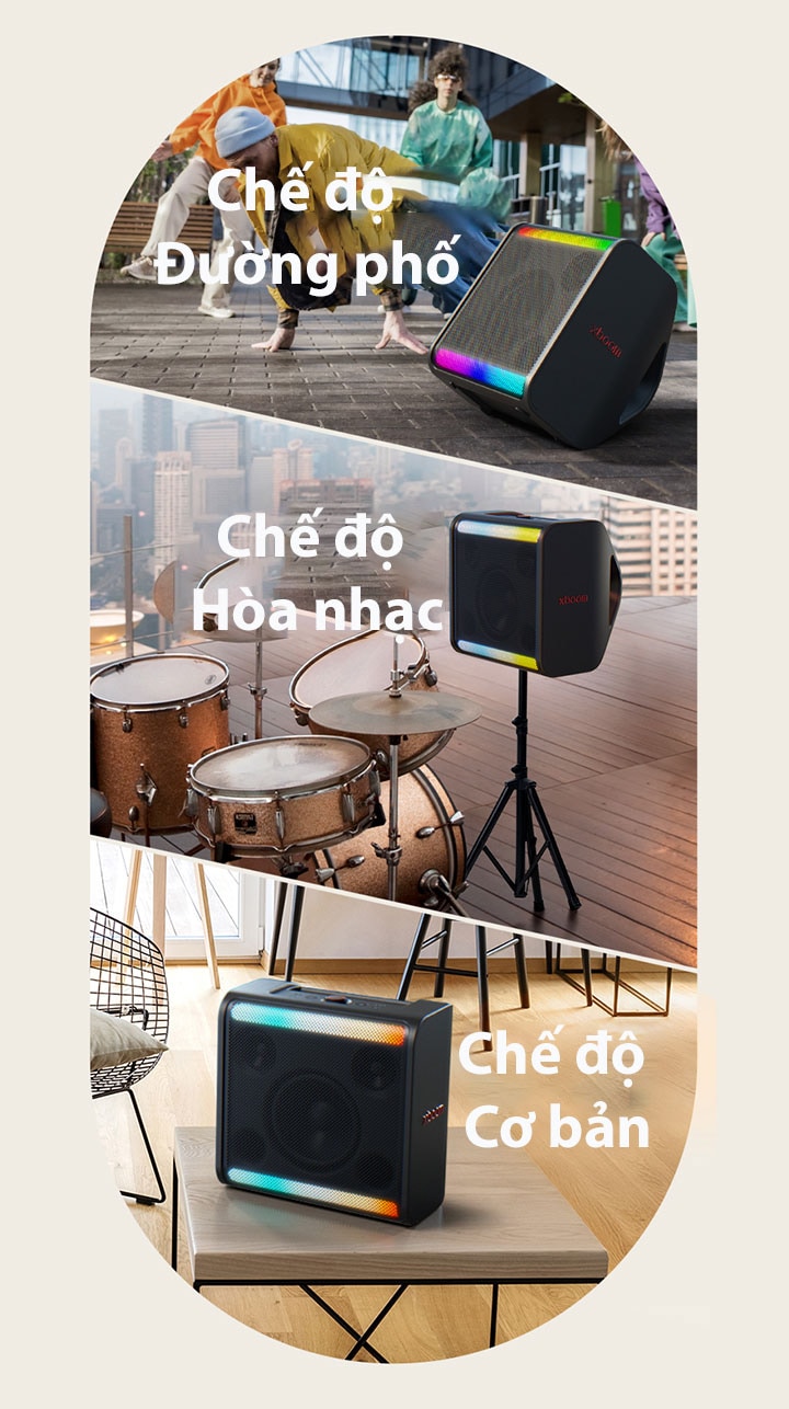 Trong hình bên trái, xboom Stage 301 ???c ??t trên m?t ??t phía tr??c các v? c?ng. Trong b?c hình gi?a, xboom Stage 301 ???c ??t trên giá ?? bên c?nh b? tr?ng. ? b?c hình bên ph?i, xboom Stage 301 l?i ???c ??t trên chi?c bàn trong phòng khách.