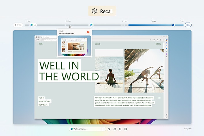 ?nh ch?p màn hình PC Windows hi?n th? tính n?ng “Recall” (G?i ra) c?a Microsoft, hi?n th? giao di?n dòng th?i gian v?i các ho?t ??ng trong quá kh?. Màn hình bao g?m m?t trang web v? các k? ngh? d??ng s?c kh?e v?i dòng ch? “KH?E M?NH TRêN TH? GI?I” và hình ?nh nh?ng ng??i t?p yoga. Hình n?i xem tr??c thu nh? c?a t?p Microsoft PowerPoint c?ng hi?n th?. Thanh tác v? Windows ? phía d??i, hi?n th? nhi?u bi?u t??ng và ti?n ích khác nhau.