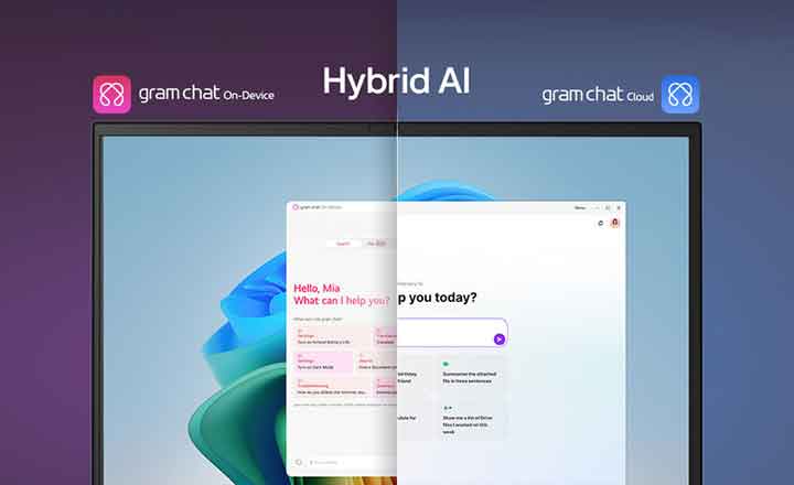 Hình ?nh chia màn hình hi?n th? “Hybrid AI” v?i hai ch? ?? riêng bi?t: ‘gram chat On-Device' ? bên trái, bi?u th? b?ng bi?u t??ng màu h?ng và 'gram chat Cloud' ? bên ph?i, bi?u th? b?ng bi?u t??ng màu xanh d??ng. Màn hình hi?n th? giao di?n AI, t??ng tr?ng cho ch?c n?ng AI li?n m?ch trên c? hai ch? ??.