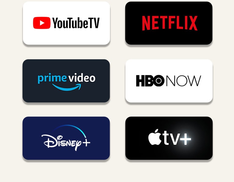 Bi?u t??ng d?ch v? phát tr?c tuy?n OTT xu?t hi?n liên ti?p. T? trên cùng bên trái;  Netflix, Video Amazon Prime, HBO NGAY, YouTubeTV, Disney và Apple TV.