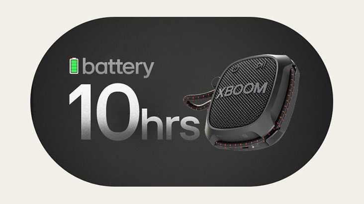 LG XBOOM Go XG2 ???c ??t trong kh?ng gian v? t?n và minh h?a th?i l??ng pin 10 ti?ng.