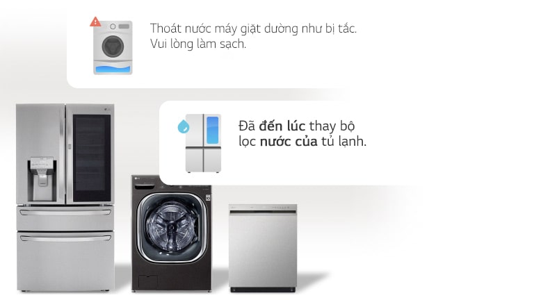 Hình ?nh cho th?y t? l?nh, máy gi?t và máy r?a chén ???c s?p x?p thành m?t hàng. Có các ? v?n b?n ch?a các m?o b?o trì xung quanh chúng.
