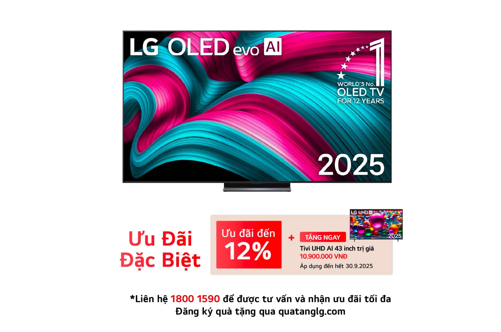 Front view of LG OLED evo AI C5 4K Smart TV. 12 Years of world number 1 OLED emblem and LG OLED evo AI 2025 logo are on the screen.