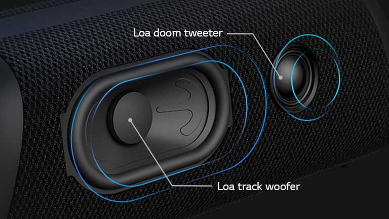 Loa LG XBOOM Go XG7 nhìn nghiêng, cho th?y loa tr?m lo?i r?nh và loa cao t?n vòm.