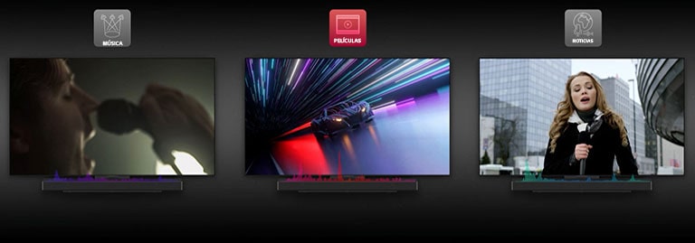 M?t video ho?t hình ?? minh h?a AI Sound Pro c?a loa sound bar. Tr??c tiên, c?nh quay hi?n th? m?t ?o?n video v? chi?c xe ?ua d??i các tia sáng nhi?u màu khác nhau v?i sóng am thanh màu ?? bên d??i n?m ? gi?a. Sau ?ó, c?nh quay ??i thành m?t ca s? c?m micro ??t sát m?i trong n?n xanh ??m và sóng am thanh màu xanh lam sang màu tím bên d??i cho ch? ?? am nh?c ? bên trái. Cu?i cùng, m?t n? biên t?p viên th?i s? c?m micro ??ng tr??c các tòa nhà v?i sóng am thanh màu xanh lá cay bên d??i ? bên ph?i.