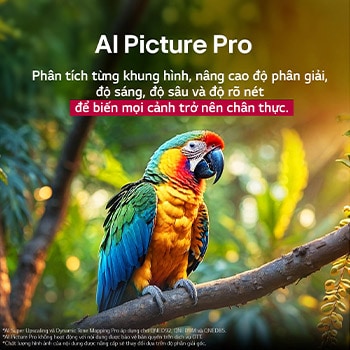 Con v?t ??u trên cành cay có màu s?c s?ng ??ng. Tiêu ?? nói v? nh?ng c?i thi?n ?n t??ng c?a LG Al Picture Pro v?i hình ?nh v? ?? phan gi?i, ?? sáng, ?? sau và ?? r? nét c?a c?nh.