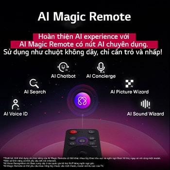 LG AI Magic Remote v?i nút AI ???c t? sáng. Xung quanh ?ó là các ch?c n?ng khác nhau mà ng??i dùng có th? truy c?p t? nút. AI Voice ID, AI Search, AI Chatbot, AI Concierge, AI Picture Wizard, AI Sound Wizard. V?n b?n gi?i thích r?ng LG AI Magic Remote hoàn thi?n tr?i nghi?m AI c?a b?n v?i nút AI chuyên d?ng và có th? ???c s? d?ng nh? chu?t kh?ng day. Ch? c?n tr? và nh?p.