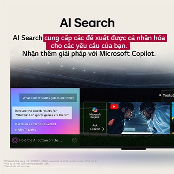 Hình ?nh c?n c?nh màn hình LG OLED TV cho th?y cách ho?t ??ng c?a AI Search. C?a s? trò chuy?n nh? ?ang m? cho th?y cách ng??i dùng h?i v? trò ch?i th? thao nào có s?n. AI Search ?? ph?n h?i th?ng qua ch?c n?ng trò chuy?n và hi?n th? hình thu nh? c?a các n?i dung kh? d?ng. Ngoài ra còn có l?i nh?c h?i Microsoft Copilot. 