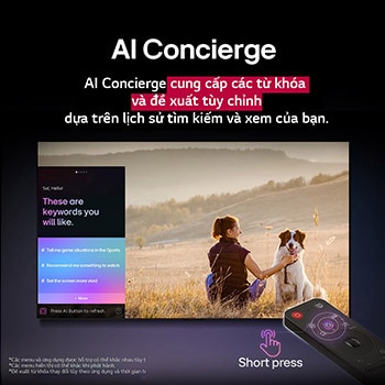 AI Magic Remote c?a LG tr??c màn hình LG TV. Trên màn hình là l?i chào ???c cá nhan hóa t? LG AI v?i các t? khóa tùy ch?nh d?a trên l?ch s? tìm ki?m và xem c?a ng??i dùng. Bên c?nh ?i?u khi?n t? xa là m?t bi?u t??ng và nh?n cho th?y ch?c n?ng AI Concierge có th? d? dàng truy c?p ch? v?i m?t l?n nh?n nhanh vào nút AI. 