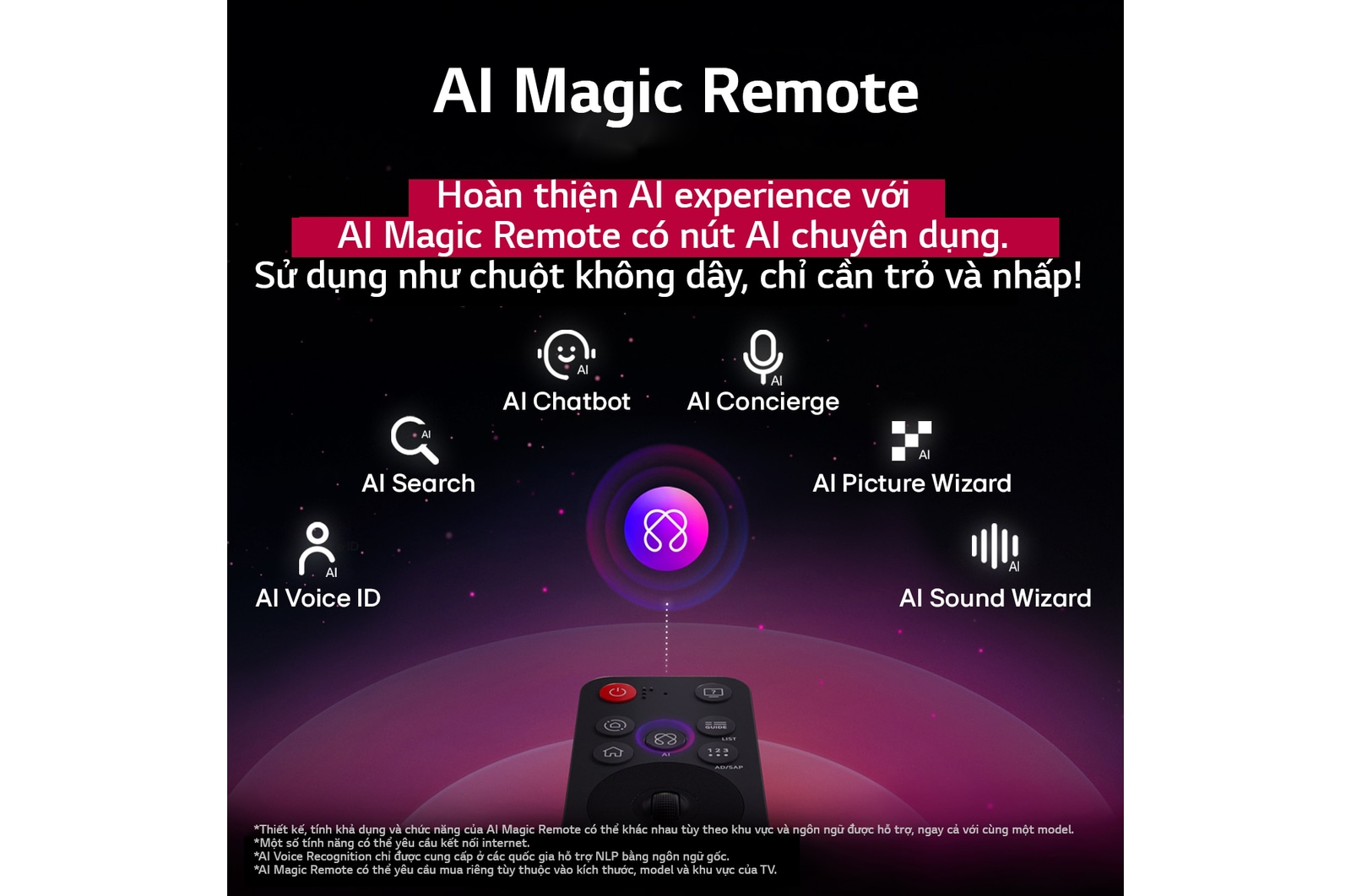 LG AI Magic Remote v?i nút AI ???c t? sáng. Xung quanh ?ó là các ch?c n?ng khác nhau mà ng??i dùng có th? truy c?p t? nút. AI Voice ID, AI Search, AI Chatbot, AI Concierge, AI Picture Wizard, AI Sound Wizard. V?n b?n gi?i thích r?ng LG AI Magic Remote hoàn thi?n tr?i nghi?m AI c?a b?n v?i nút AI chuyên d?ng và có th? ???c s? d?ng nh? chu?t kh?ng day. Ch? c?n tr? và nh?p.