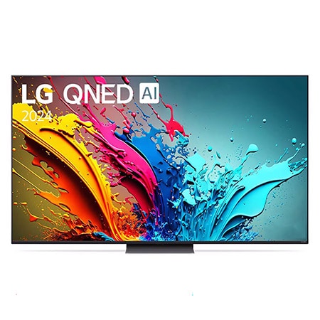 M?t tr??c c?a TV LG QNED, QNED86 v?i dòng ch? c?a LG QNED MiniLED, 2024 và logo webOS Re:New Program trên màn hình