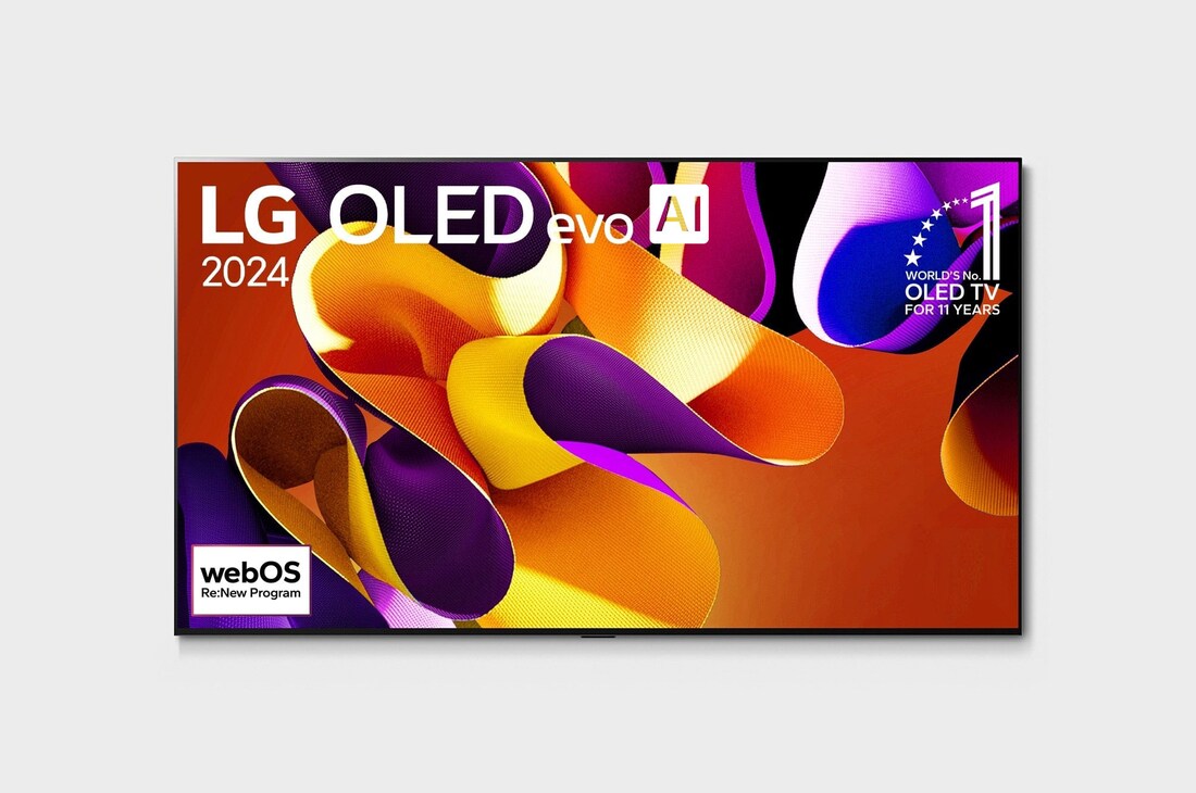 Hình ?nh m?t tr??c v?i TV LG OLED evo AI, OLED G4, Hình ?nh bi?u t??ng OLED 11 n?m ??ng ??u th? gi?i, logo webOS Re:New Program và logo B?o hành t?m n?n 5 n?m trên màn hình