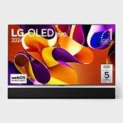 Hình ?nh m?t tr??c v?i TV LG OLED evo AI, OLED G4, Hình ?nh bi?u t??ng OLED 11 n?m ??ng ??u th? gi?i, logo webOS Re:New Program và logo B?o hành t?m n?n 5 n?m trên màn hình, cùng v?i Soundbar ? bên d??i