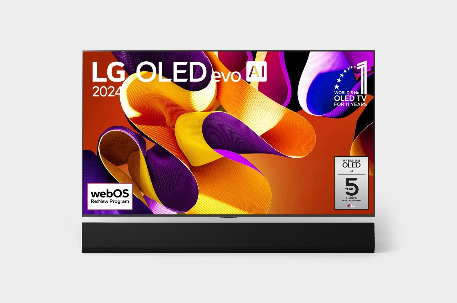 Hình ?nh m?t tr??c v?i TV LG OLED evo AI, OLED G4, Hình ?nh bi?u t??ng OLED 11 n?m ??ng ??u th? gi?i, logo webOS Re:New Program và logo B?o hành t?m n?n 5 n?m trên màn hình, cùng v?i Soundbar ? bên d??i