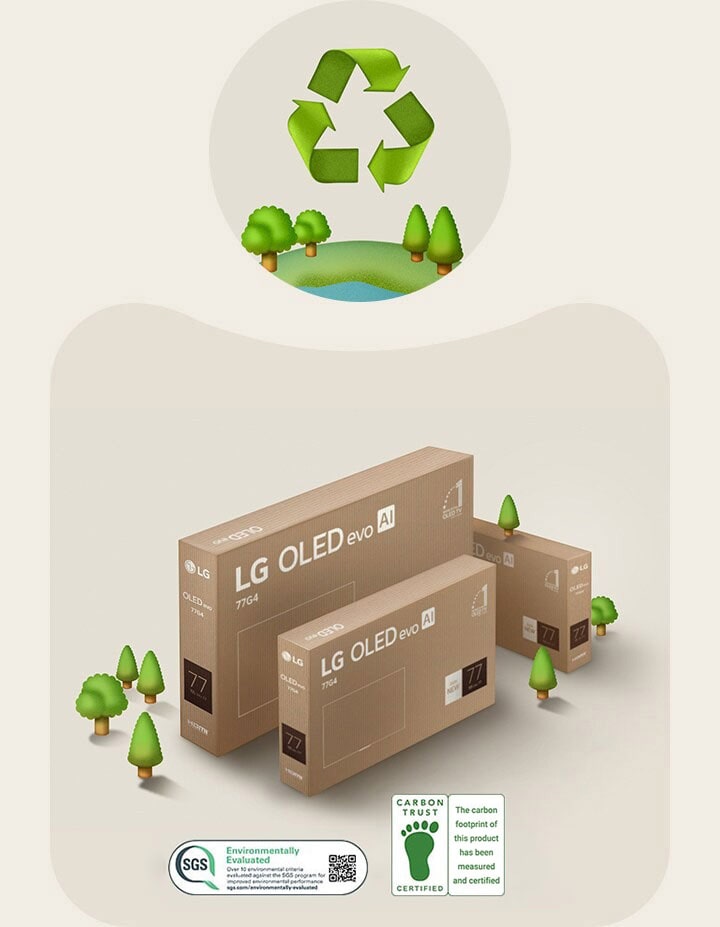 Bao bì LG OLED v?i n?n màu be có hình minh h?a cay c?i.