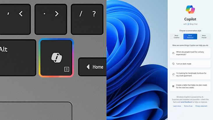 Hình ?nh hi?n th? c?n c?nh bàn phím c?a máy tính xách tay ? bên trái, làm n?i b?t phím chuyên d?ng có bi?u t??ng Windows Copilot. Bên ph?i là m?t ?nh ch?p màn hình giao di?n Windows Copilot, có b?ng tr? ly AI v?i tác v? và l?nh ???c ?? xu?t.