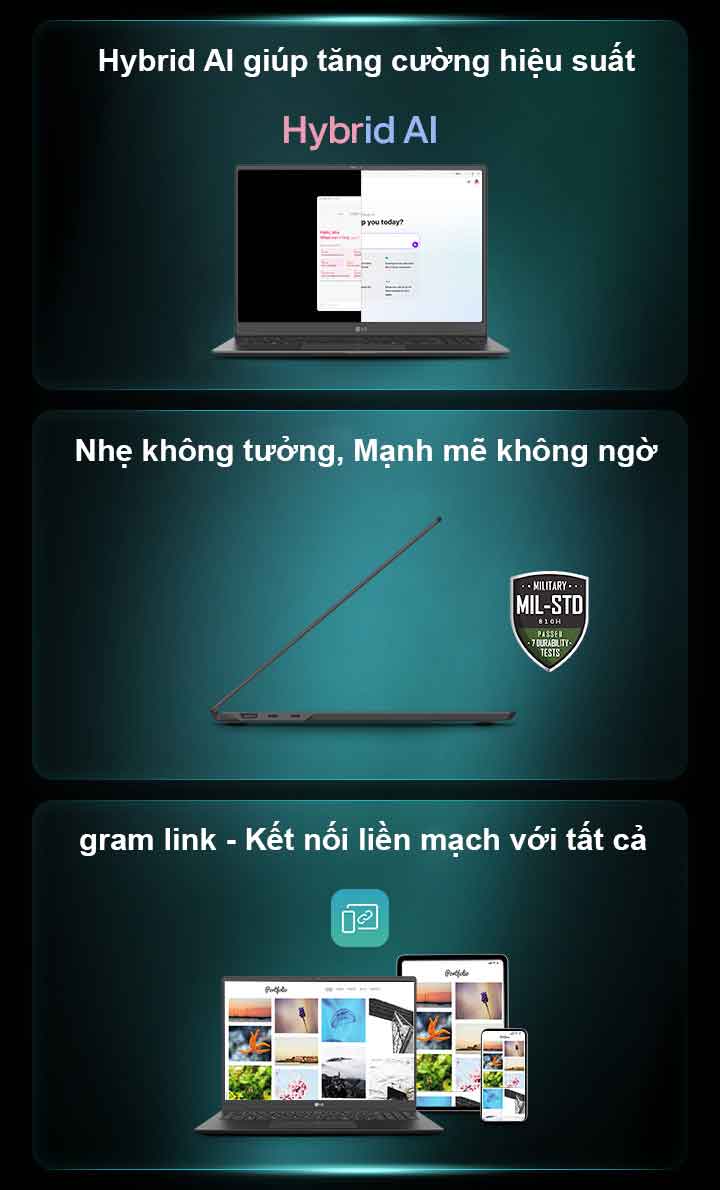 LG gram: Hybrid AI nang t?m hi?u su?t, thi?t k? siêu nh? b?n b?, k?t n?i li?n m?ch v?i gram Link.