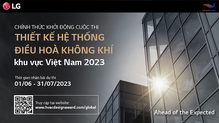 Thi?t k? H? th?ng ?i?u hòa Kh?ng khí 2023' ???c vi?t kèm m? QR ? phía d??i. Bên ph?i là hình ?nh ánh sáng m?t tr?i ph?n chi?u qua c?a s? c?a m?t tòa nhà.