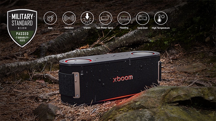 xboom Bounce ???c ??t trên m?t ??t ph? lá ??t, gi?a r? cay và m?t viên ?á. ? góc trên bên trái là bi?u t??ng tiêu chu?n quan ??i.