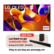 Hình ?nh m?t tr??c v?i TV LG OLED evo AI, OLED G4, Hình ?nh bi?u t??ng OLED 11 n?m ??ng ??u th? gi?i và logo webOS Re:New Program trên màn hình