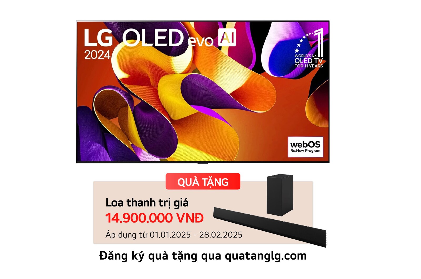 Hình ?nh m?t tr??c v?i TV LG OLED evo AI, OLED G4, Hình ?nh bi?u t??ng OLED 11 n?m ??ng ??u th? gi?i và logo webOS Re:New Program trên màn hình