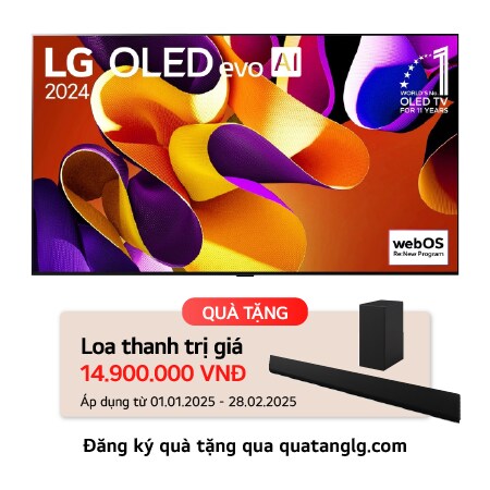 Hình ?nh m?t tr??c v?i LG OLED TV evo, OLED G4, Hình ?nh bi?u t??ng OLED 11 n?m ??ng ??u th? gi?i và logo B?o hành b?ng ?i?u khi?n 5 n?m trên màn hình
