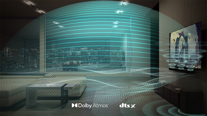 Variously formed blue sound waves are being released from the Soundbar  and TV to all over the living room.
